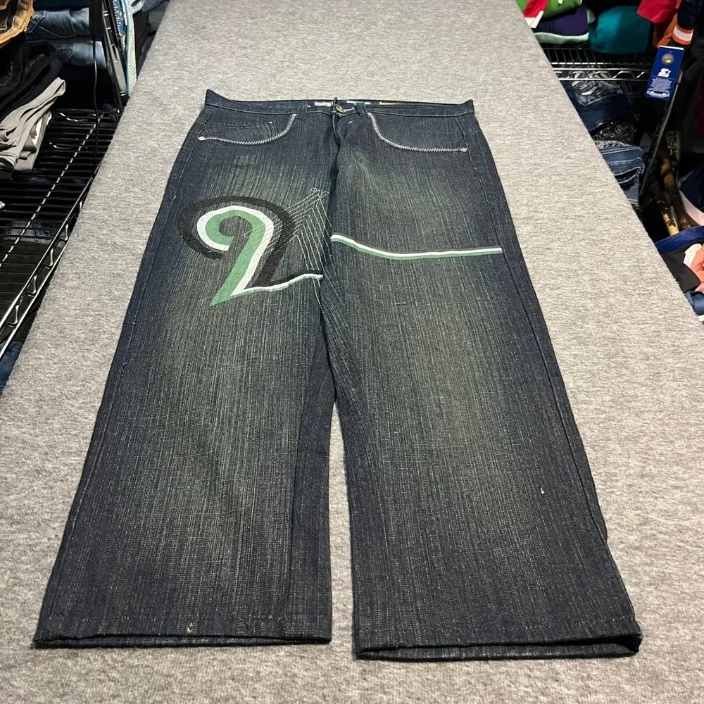 Southpole Mens Baggy Relaxed Fit Dark Wash Green Tint Embroidered Jeans 34x27